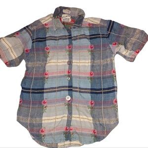 90s Vintage‎ girls floral and plaid embroidered shirt
